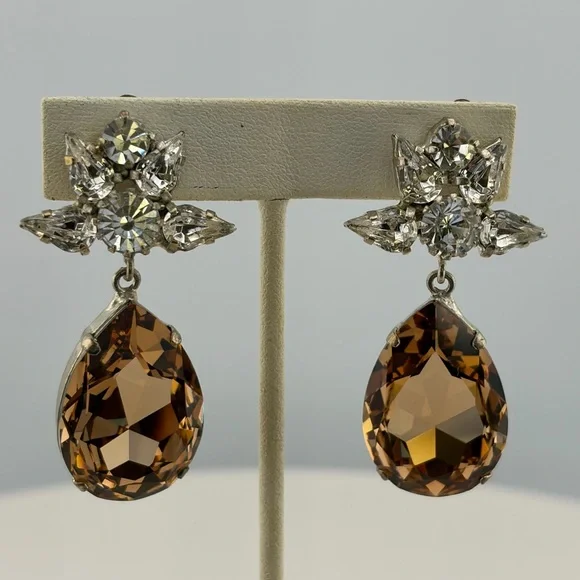 Vintage Tear Drop Smoky Topaz & Rhinestone Clip Ons Runway